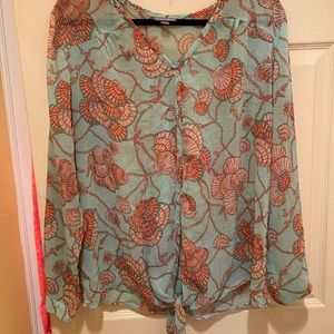 Blouse Size XL, Long Sleeves , By Roz & Ali, Blue/ Pink Shell Design